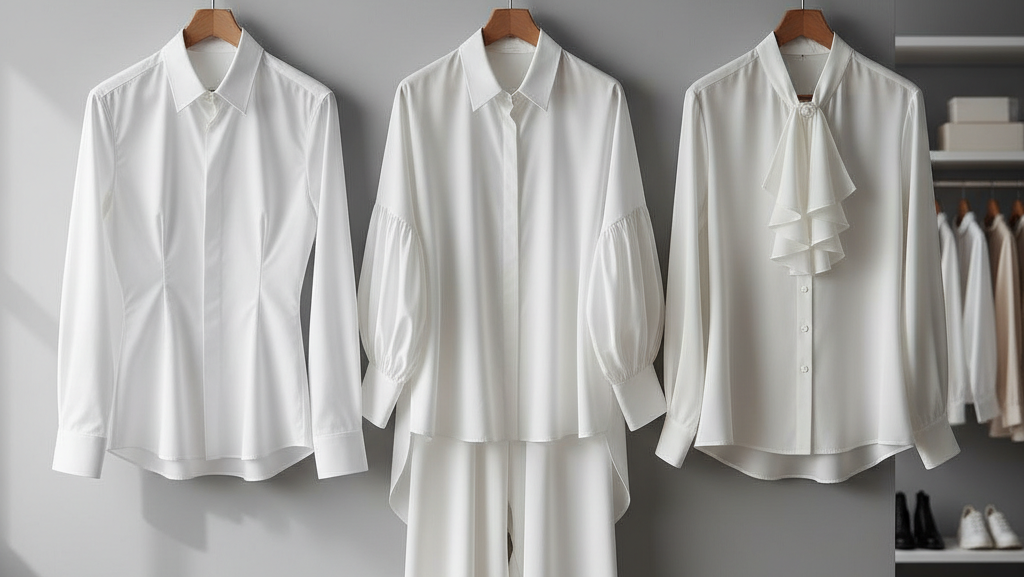 Obraz pokazujący trzy białe koszule wiszące na wieszakach przed szarą ścianą, z fragmentem garderoby widocznym po prawej stronie