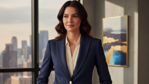 Obraz pokazujący elegancką kobietę w marynarce damskiej, stojącą w nowoczesnym wnętrzu z dużymi oknami, przez które widać panoramę miasta