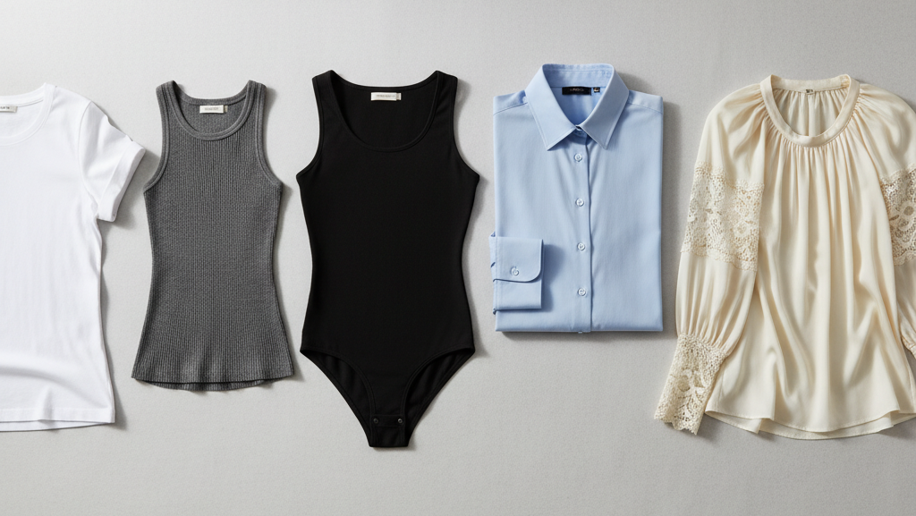 Obraz pokazujący pięć różnych elementów garderoby damskiej ułożonych obok siebie na jasnoszarym tle